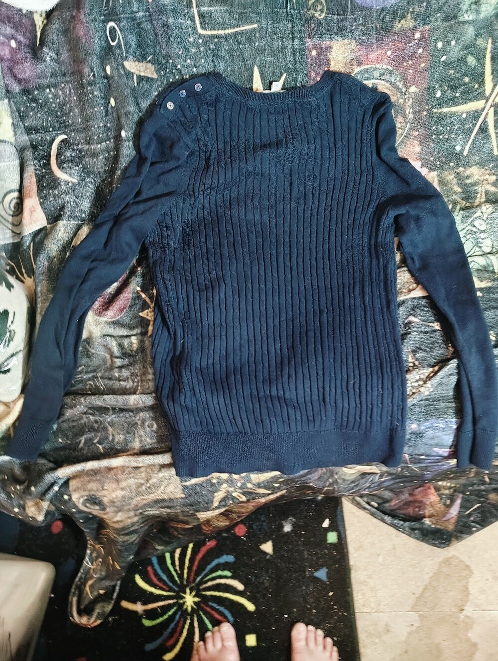 Kim Rogers Navy Ribbed Button-Shoulder Sweater